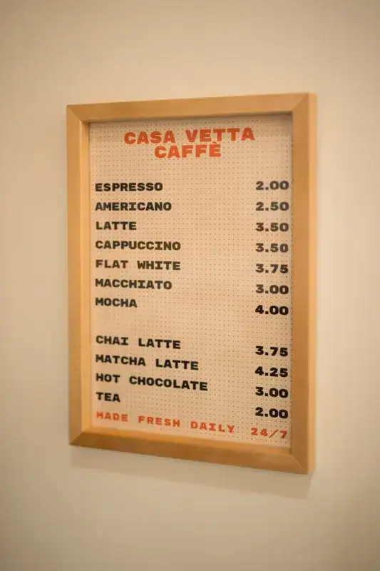 Casa Vetta coffee menu on the kitchen wall