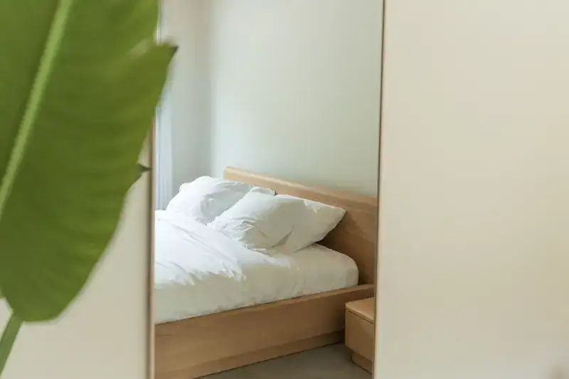 Bedroom reflected in a mirror behind a green leaf