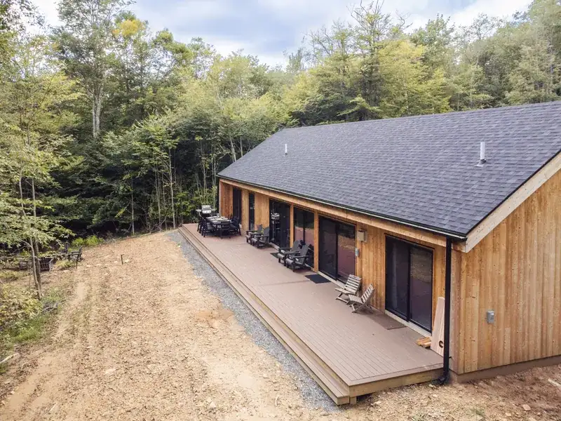 Cedar cabin and deck seen from above